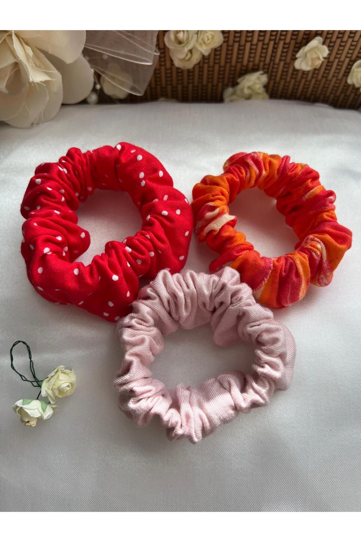 MELA ROSSA-Hair Clip Red Patterned Powder Colored 3-Piece Fabric Elastic Hair Clip 2