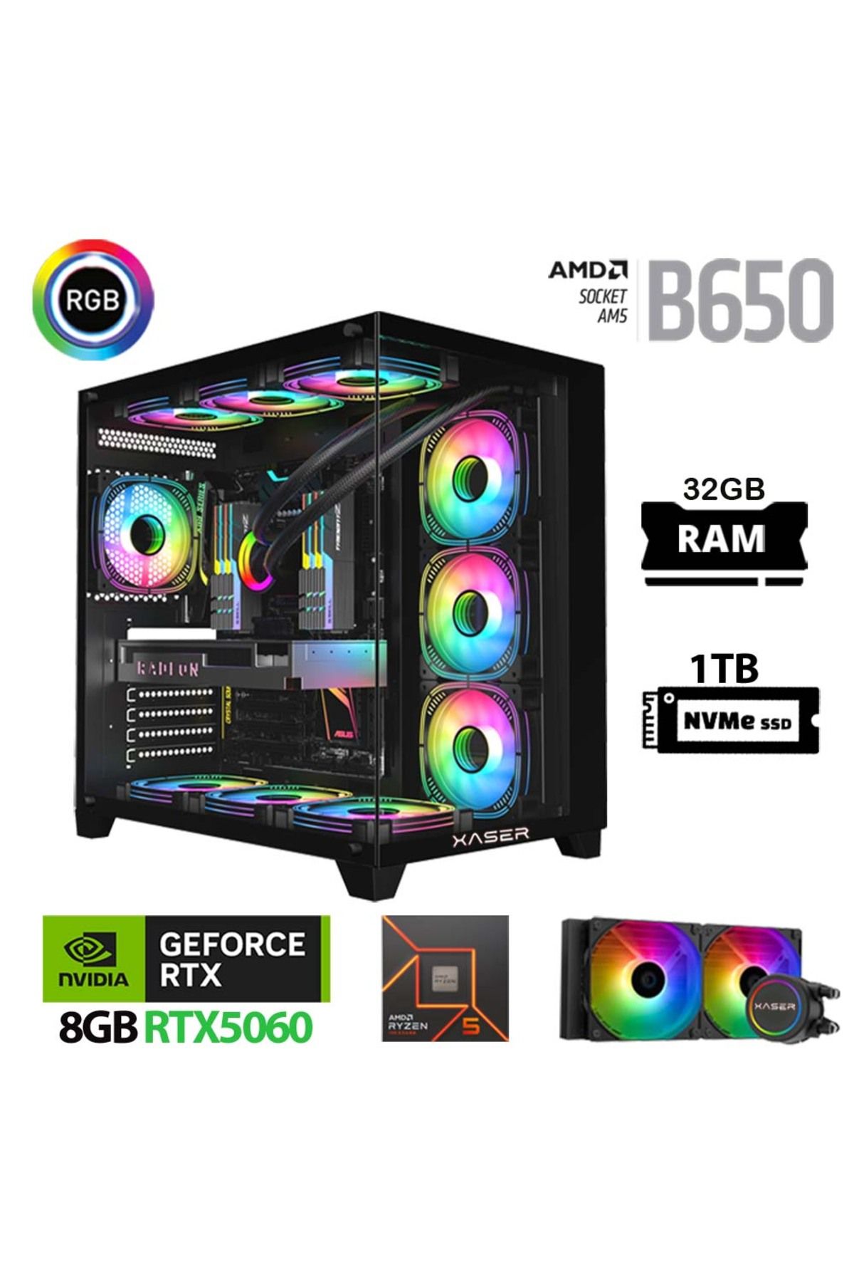 XASER Lexus X620 Ryzen 5 7500f 32gb Ddr5 Ram 1tb M.2 Nvme Ssd 8gb Rtx5060 Sıvı Soğutmalı Oyun Bilgisayarı