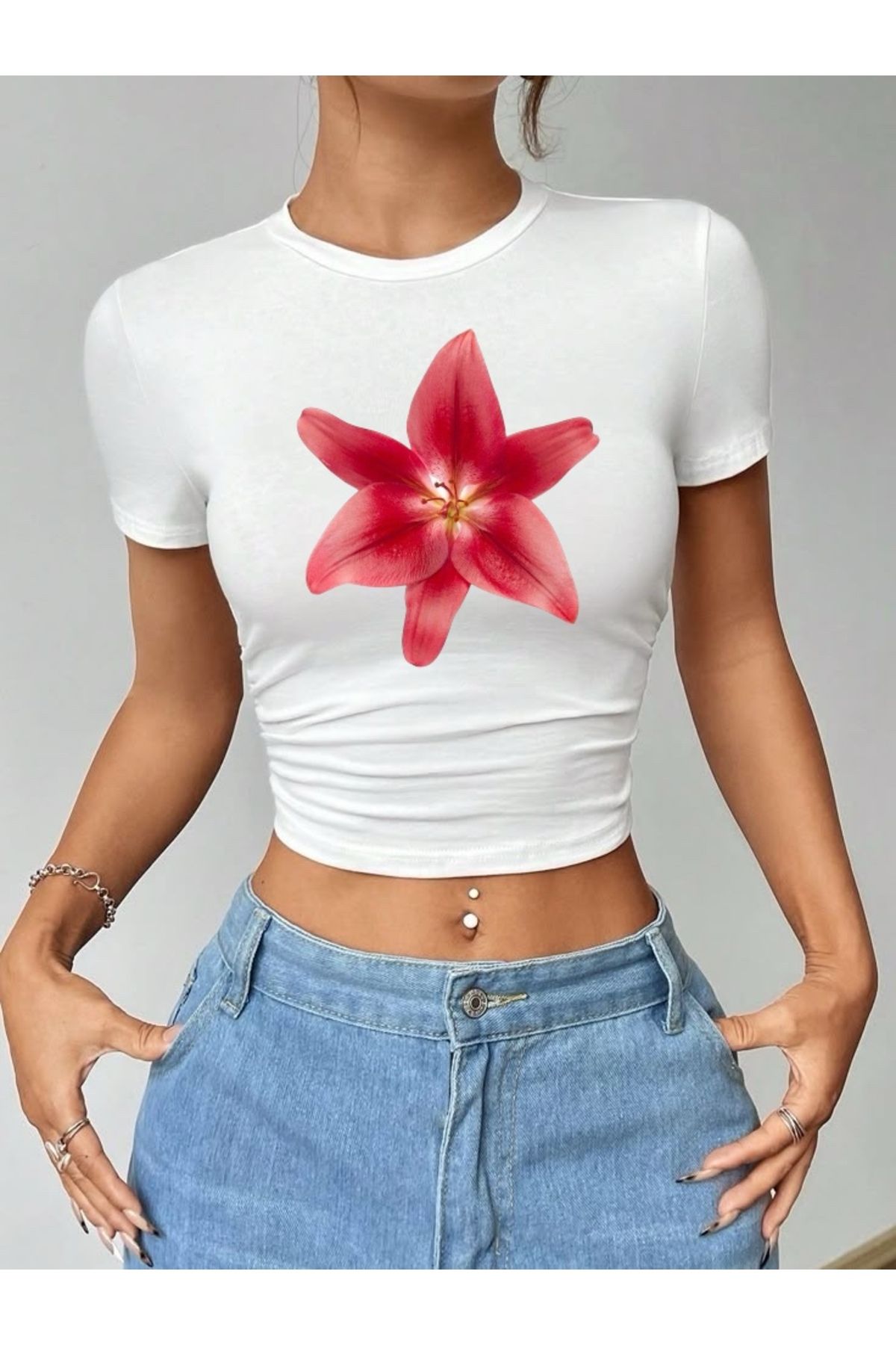 DEEFWEAR Çiçek Baskılı Trend Baskılı Crop Top