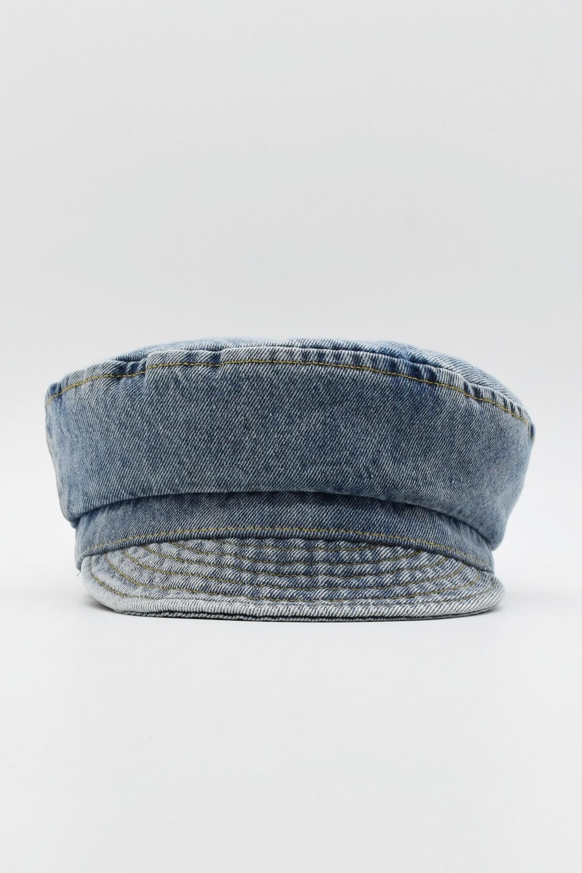 Külah Kadın Kot Şapka Driver Kasket Flat Cap Kaptan Şapkası - Mavi