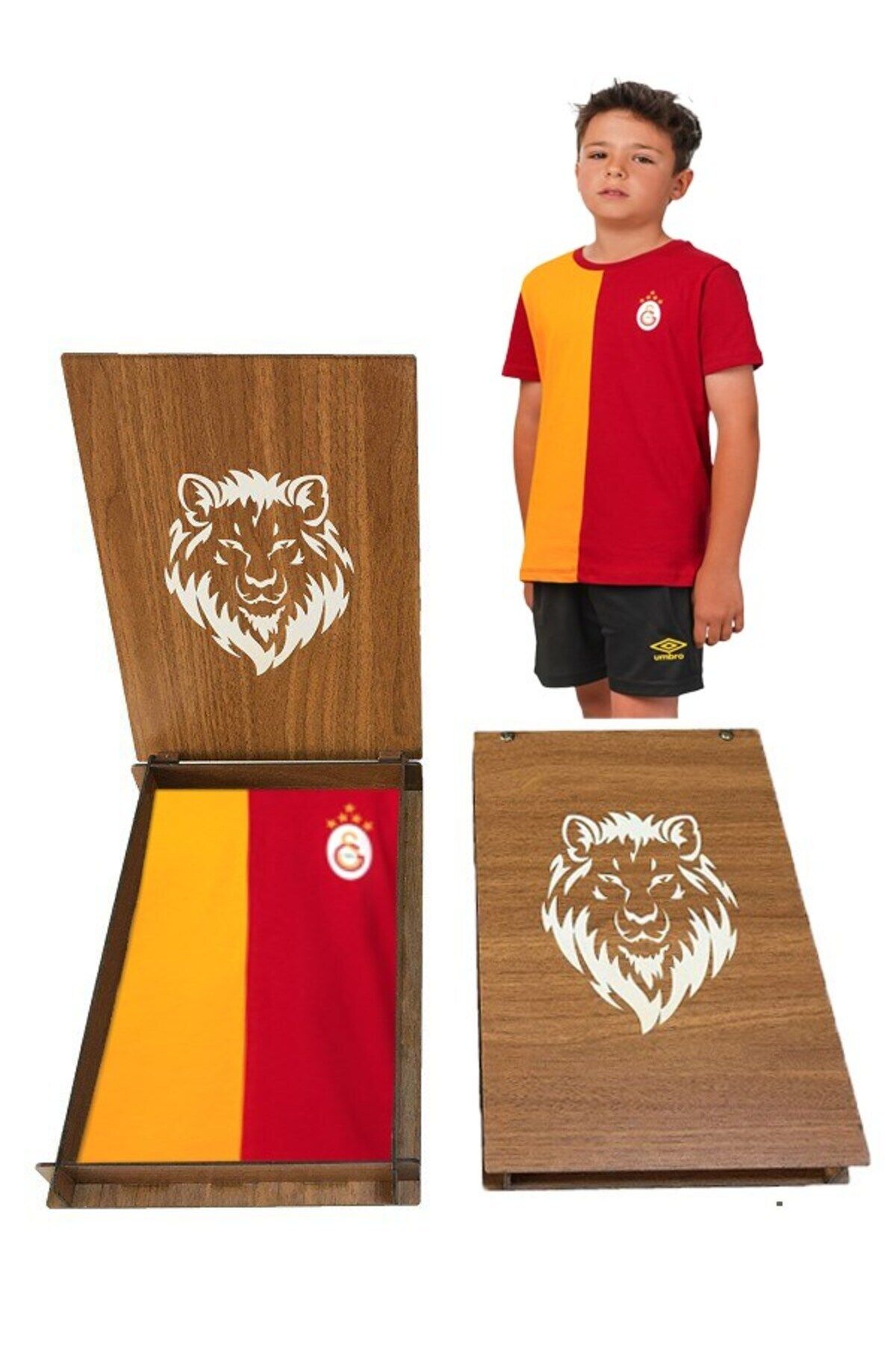 Galatasaray Orijinal 5 Yıldız Parçalı Çocuk Forma T-shırt Aslan Ahşap Kutu Hediyeli