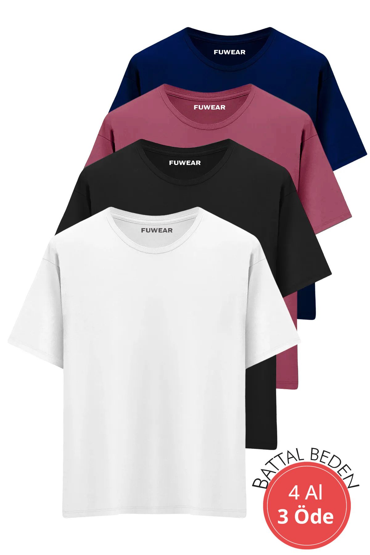 FUWEAR Büyük Battal Beden Premium Kalite Pamuklu T-Shirt 4 Adet Siyah, Beyaz, Gri ve Lacivert