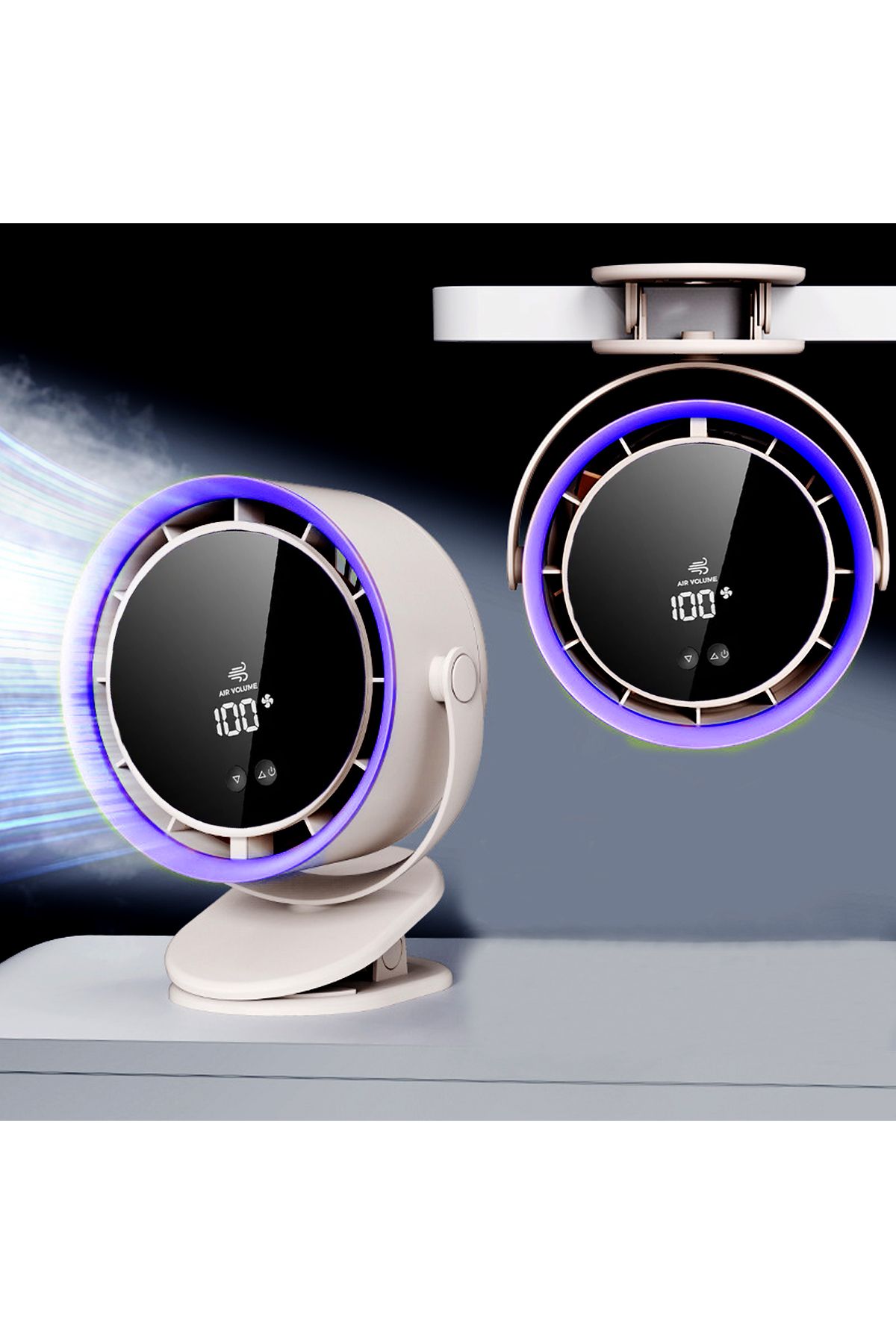 The Wlue Dijital Sessiz Masaüstü Vantilatör / 1800 RPM Klipsli fan Soğutucu / Şarjlı 3600 mAh / 4 Kademeli