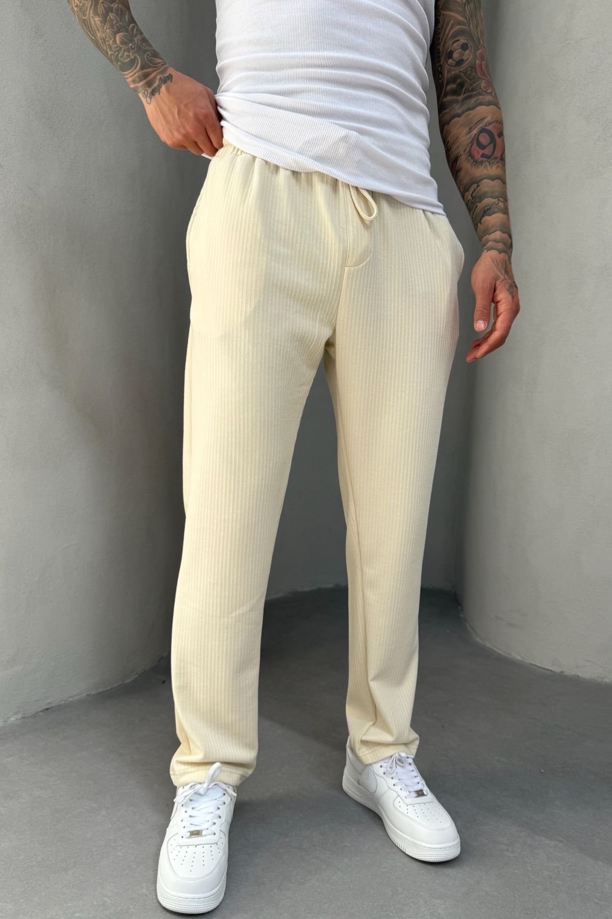 MADZEYMODA Full Likralı Süper Esnek Bej Erkek Baggy Kalıp Fitilli Jogger KE-5030