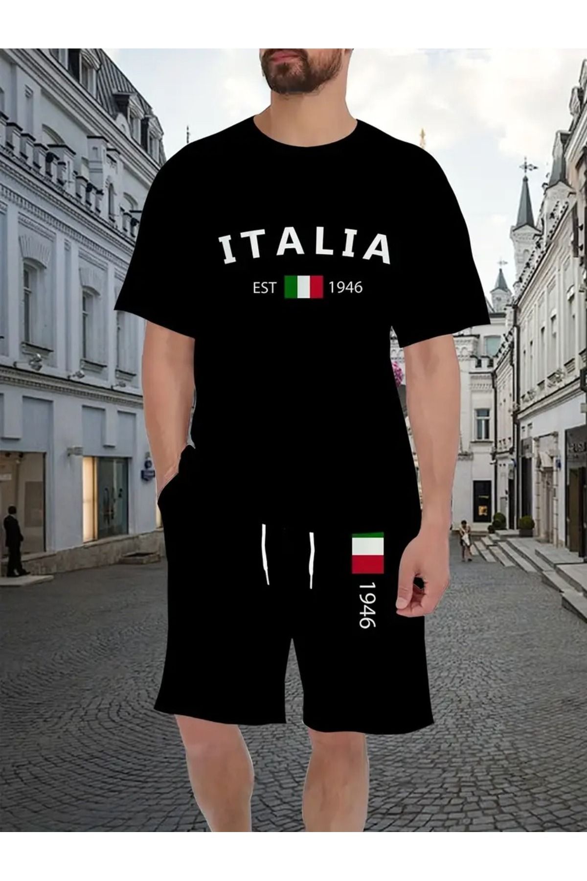 LAND MODA Siyah Şort ve T-Shirt İtalya Bayrağı Tasarımı ile, Dijital Baskı,