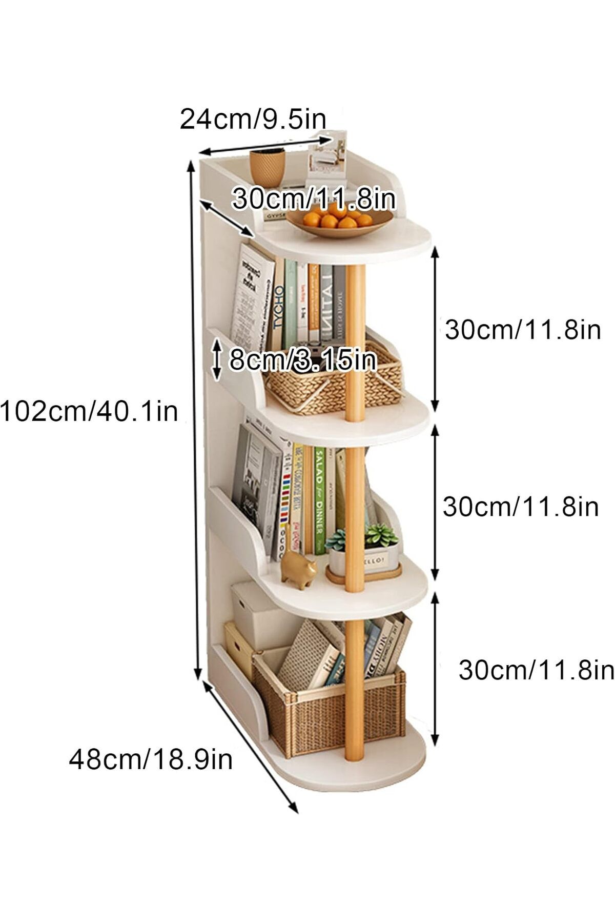 COOYA-4-Tier Slim Open Storage Rack,Free-Standing Wooden Bookshelf for Small Spaces Vertical Storage 4