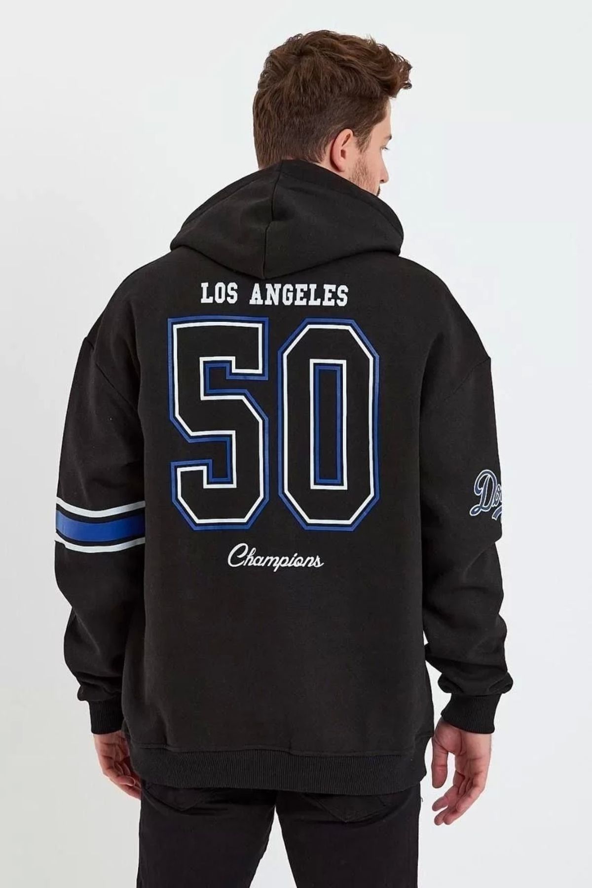 Robahood Erkek Baskılı Kapşonlu Üç iplik Oversize Sweatshirt - Siyah