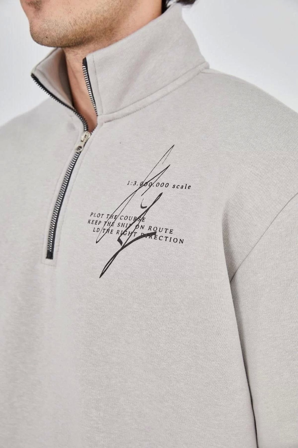 Robahood Erkek Yarım Fermuarlı Baskılı Sweat - Boyalı Gri