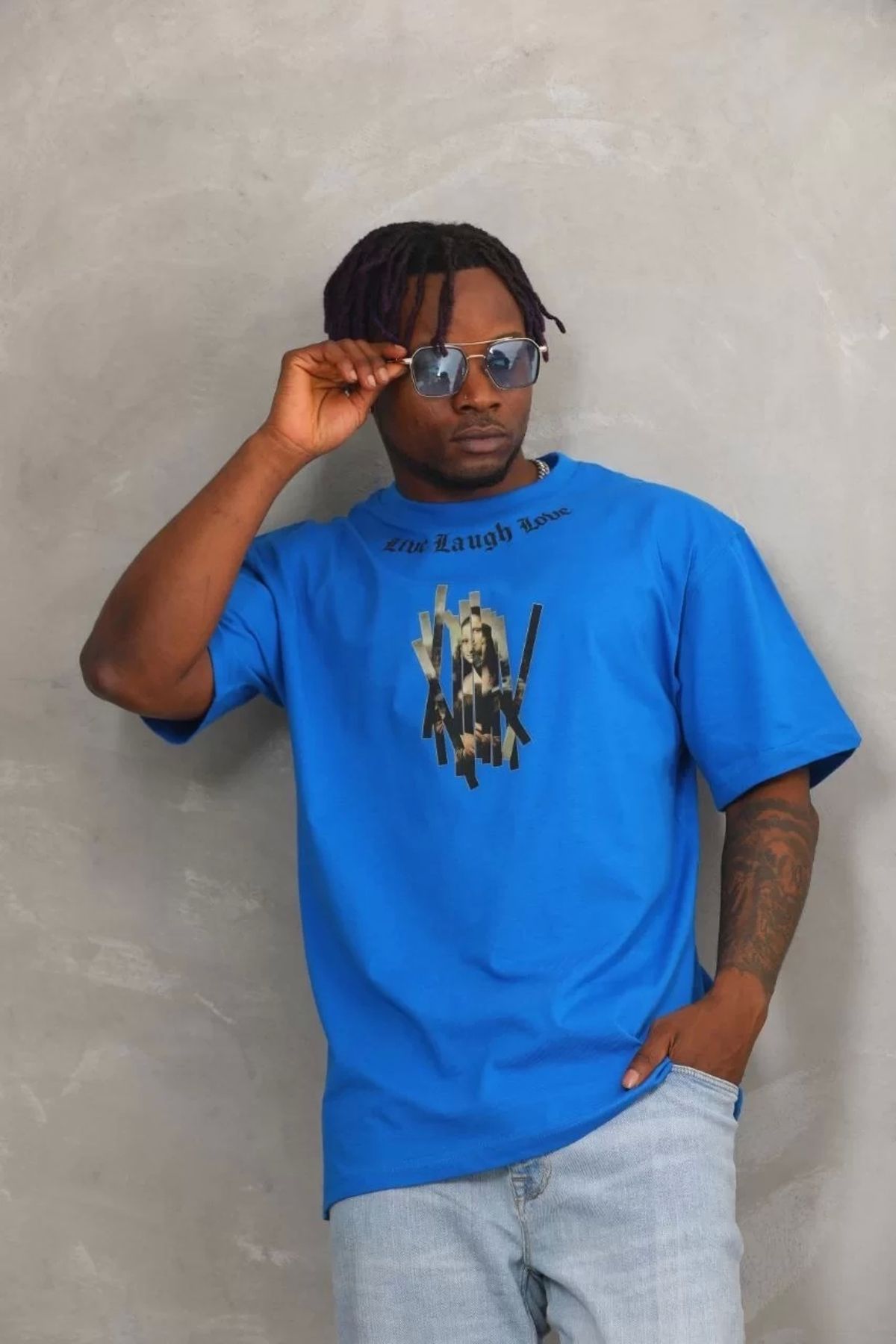 Robahood Unisex Oversize Baskılı Bisiklet Yaka T-Shirt - Mavi