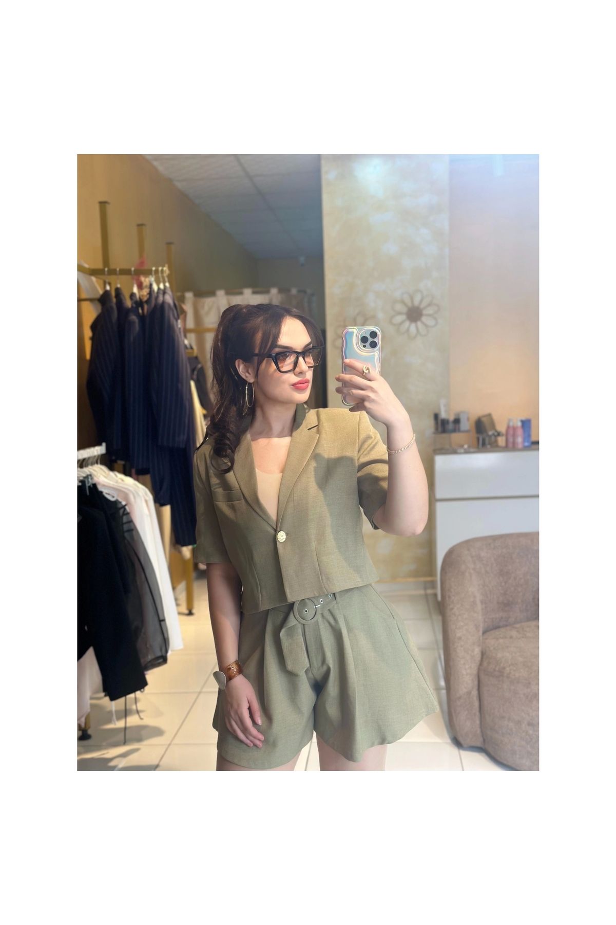 OllaCollection Kemer Detaylı Mini Şort Haki