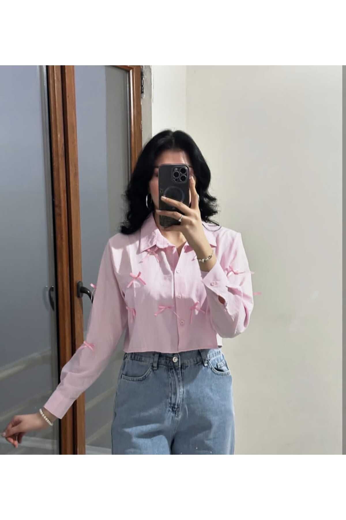 zeymiray keten kumaş fiyonklu crop gömlek