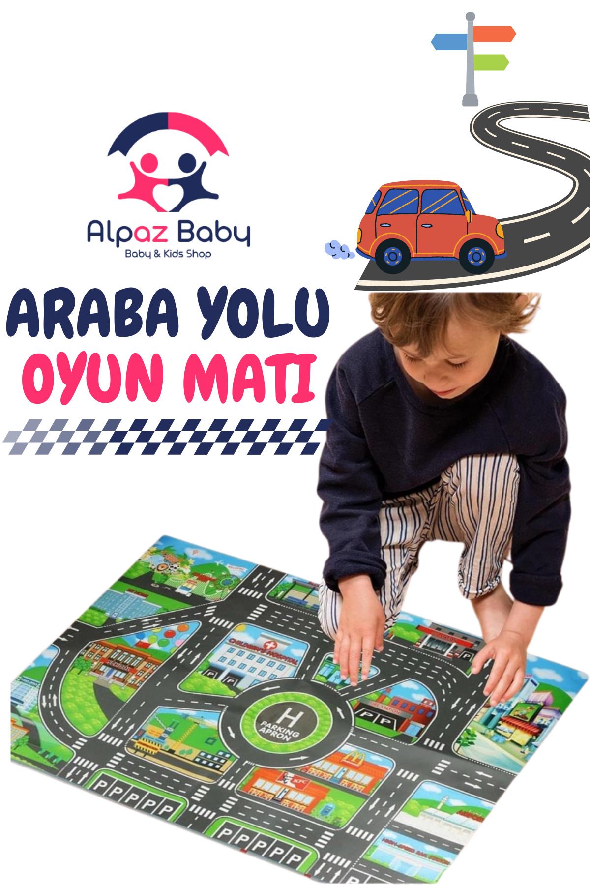 alpazza Arabalı Yol Haritası Oyun Halısı Çocuk Odası Oyun Matı (83CM-57CM)