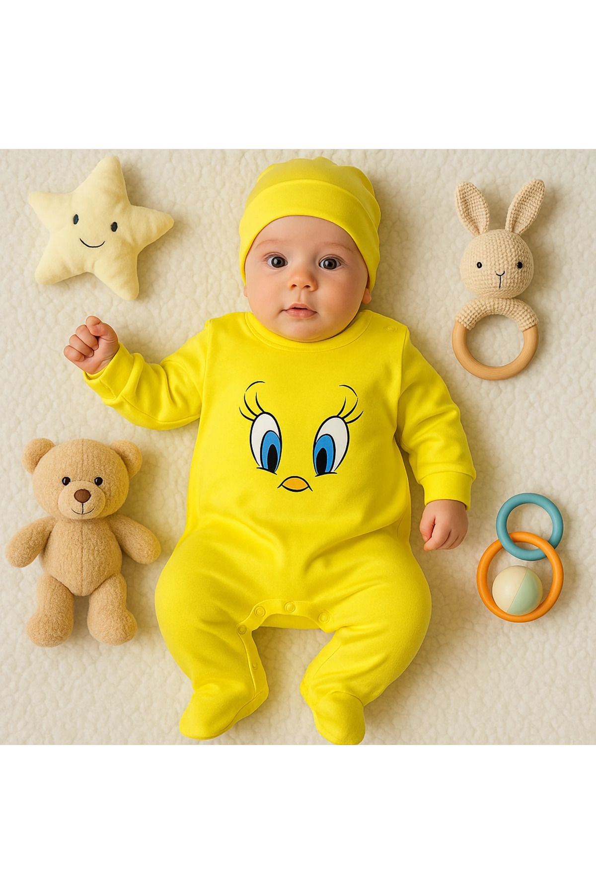 BEBEYOGİ Bebek Tulum Tweety Baskılı Şapkalı