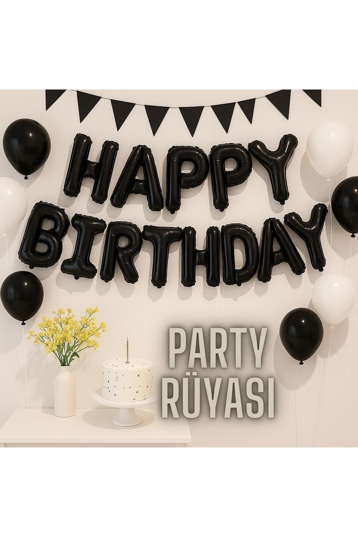 partyrüyası Siyah Happy Birthday Folyo Balon Seti 16 Inç 40 Cm