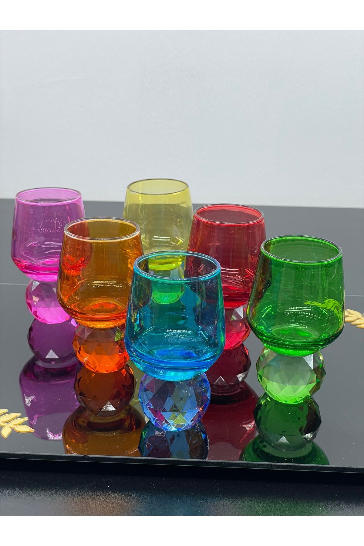 YzHome 6 Kişilik Cam Elmas Ayaklı Renkli Kahve Yanı Bardağı Bardak 50ml