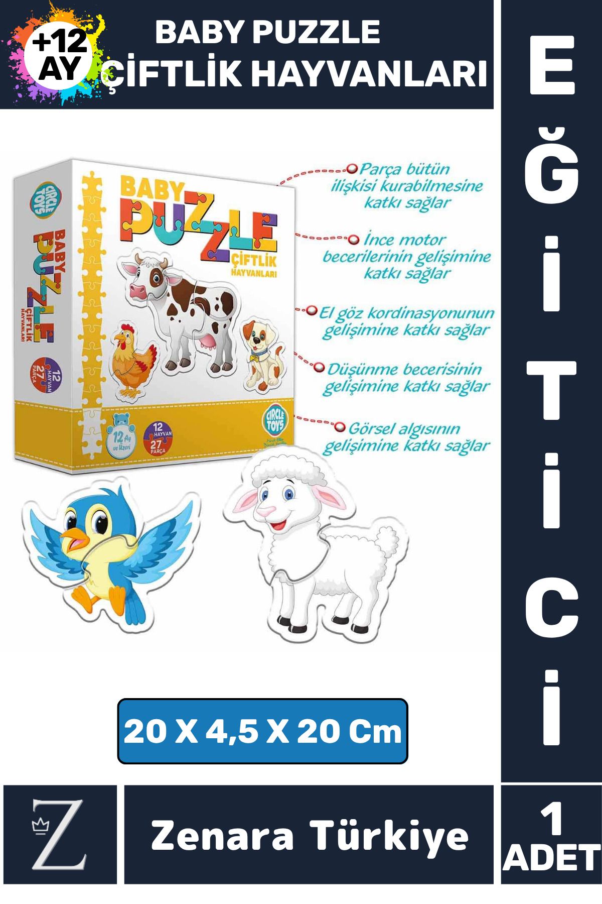 Zenara Bebek Gelişim Görsel Algı Düşünme Beceri Gelişimi Eğitici BABY PUZZLE-ÇİFTLİK HAYVANLARI
