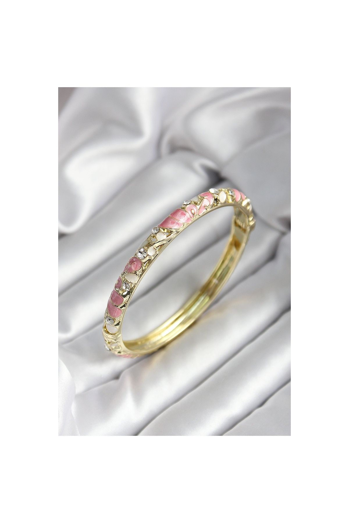 Findit Mineli Pirinç Pembe Çiçek Desenli Zirkon Taşlı Gold Renk Kadın Kelepçe