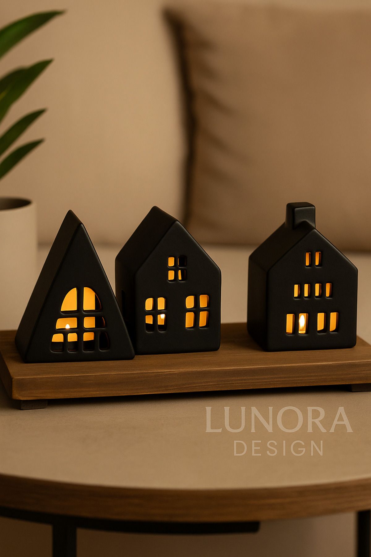 Lunora Design Siyah Mini Ev Tasarımlı 3’lü Dekoratif Mumluk Seti | Lunora Design