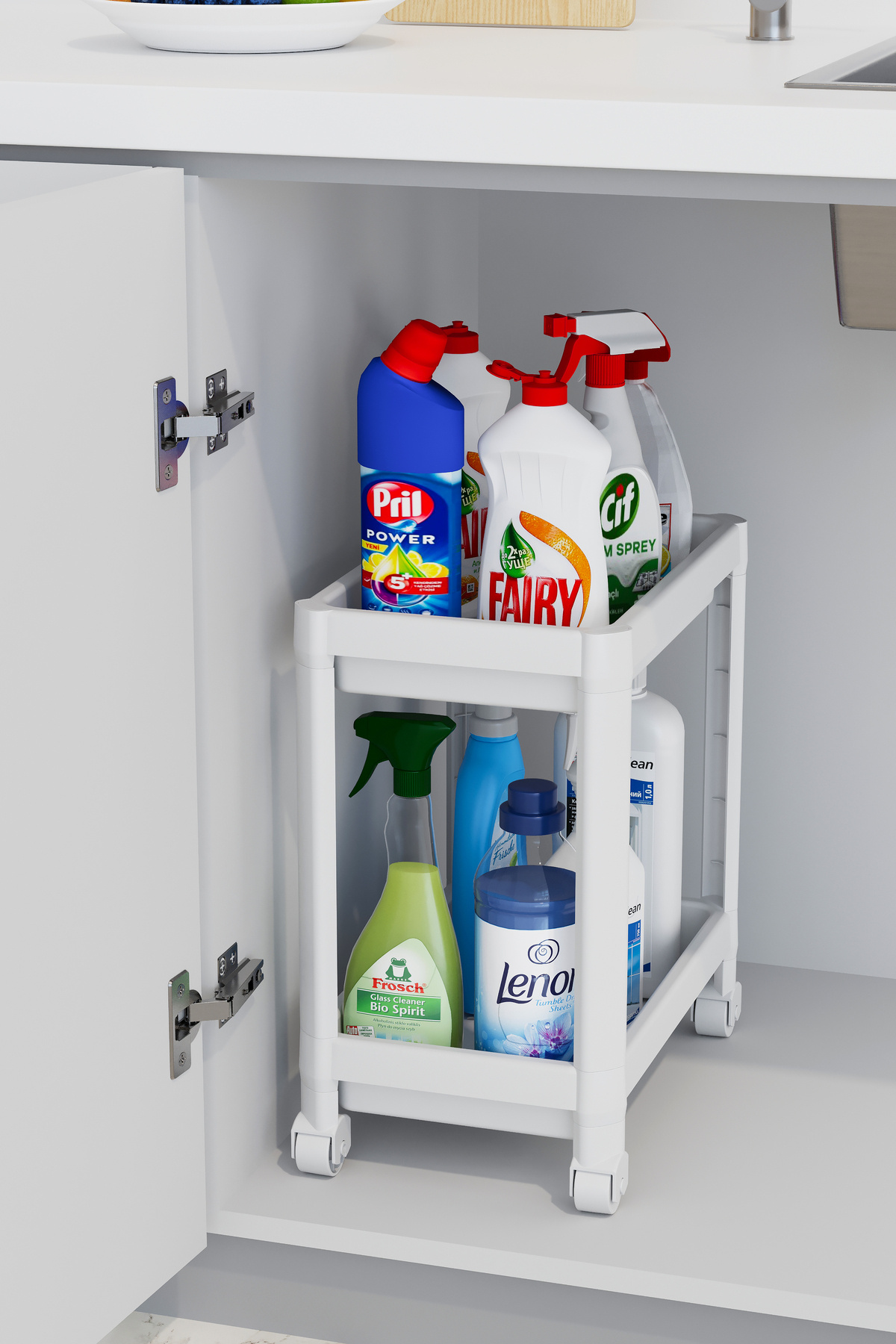 Maja White 2-Tier Bathroom Shelf with Wheels Kitchen Cabinet Organizer Under Counter Organizer
