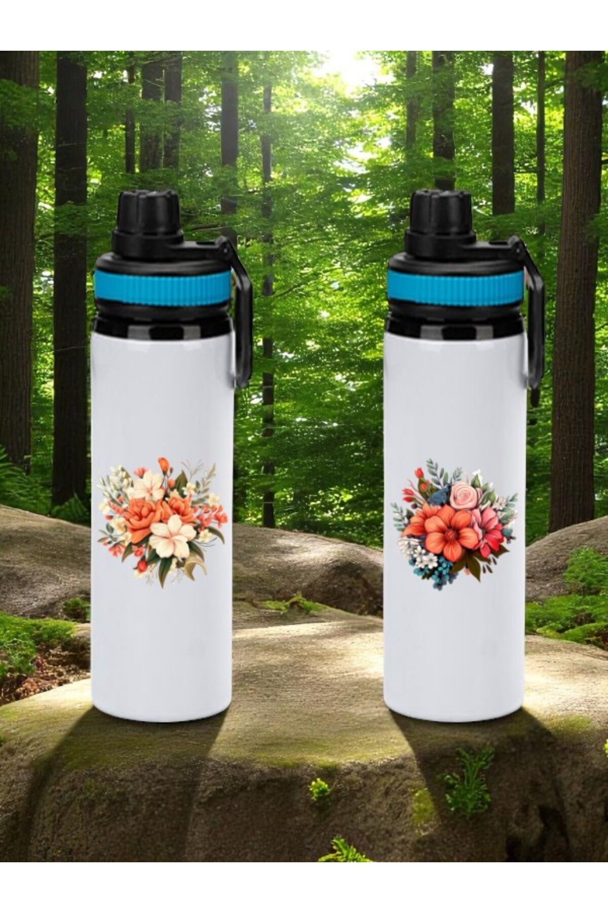lili hediyelik Çiçek Baskılı 2'li Mavi Kulplu Matara 850 ml