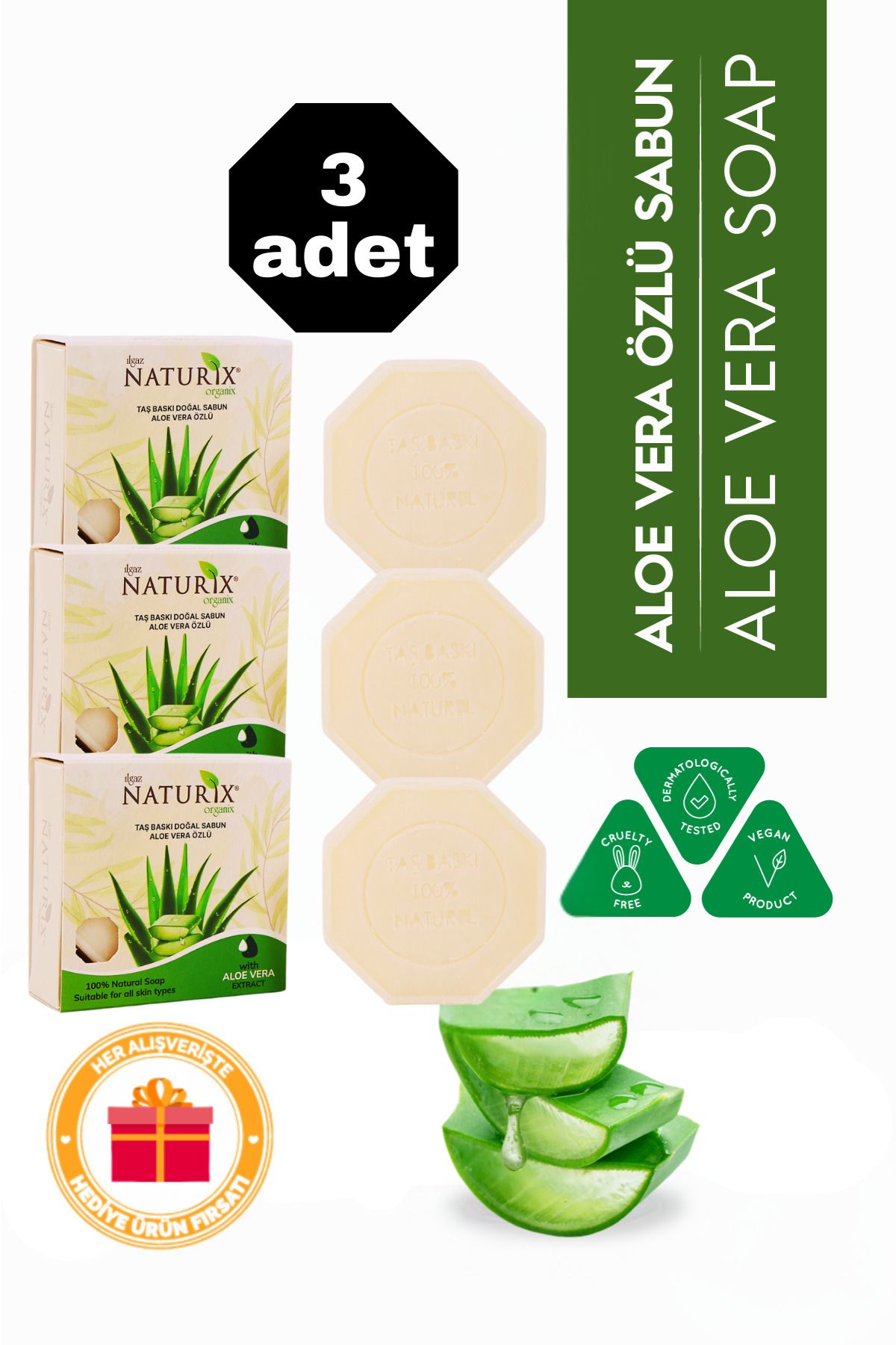 Naturix Aloe Vera Özlü Taş Sabun 3'lü Eko Paket Nemlendirici ve Gözenek Destekleyici Bakım - 3X125 gr