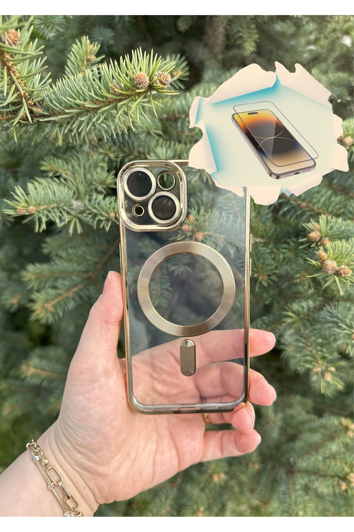 CNL iPhone 14 Uyumlu Kamera Lens Korumalı Şeffaf Magsafeli Kenarı Gümüş Renk Kılıf Kırılmaz Cam Hediyeli