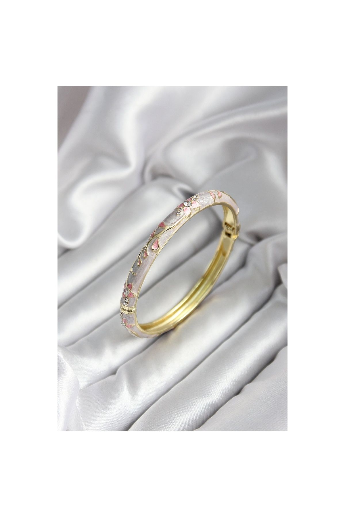 Findit Mineli Pirinç Çiçek Desenli Zirkon Taşlı Gold Renk Kadın Kelepçe (çap 60 mm)
