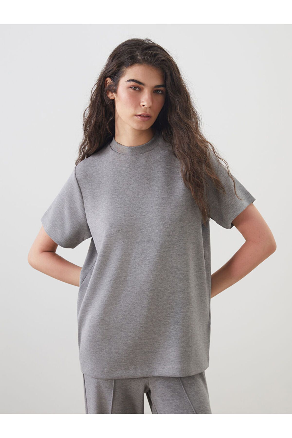 LC Waikiki LCW Modest Gri Dik Yaka Modal Karışımlı Kadın Tişört S5OD77Z8NVY25