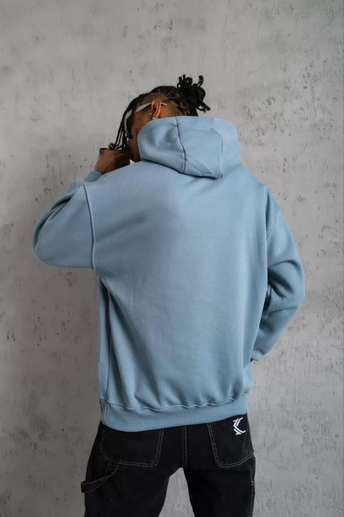 Robahood Erkek Armalı Baskılı Kapüşonlu Sweatshirt - Mavi