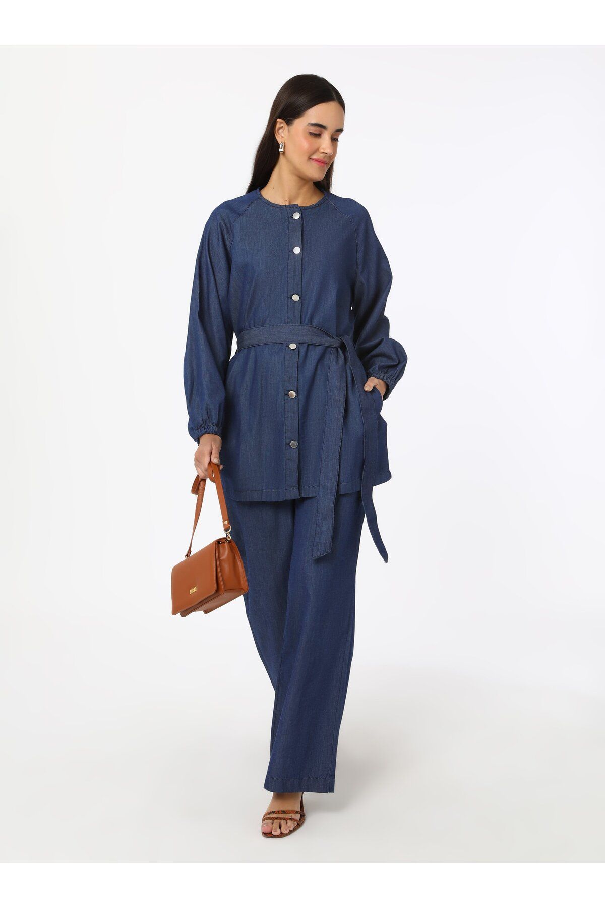 Refka Düğme Detaylı Denim Pantolon & Tunik İkili Takım - Mavi - Refka