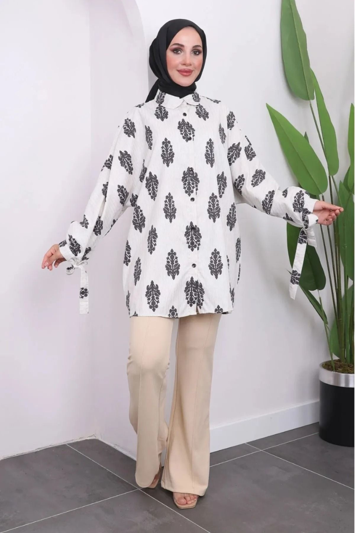 DAS KLEID Kol Bağlamalı Keten Gömlek Siyah