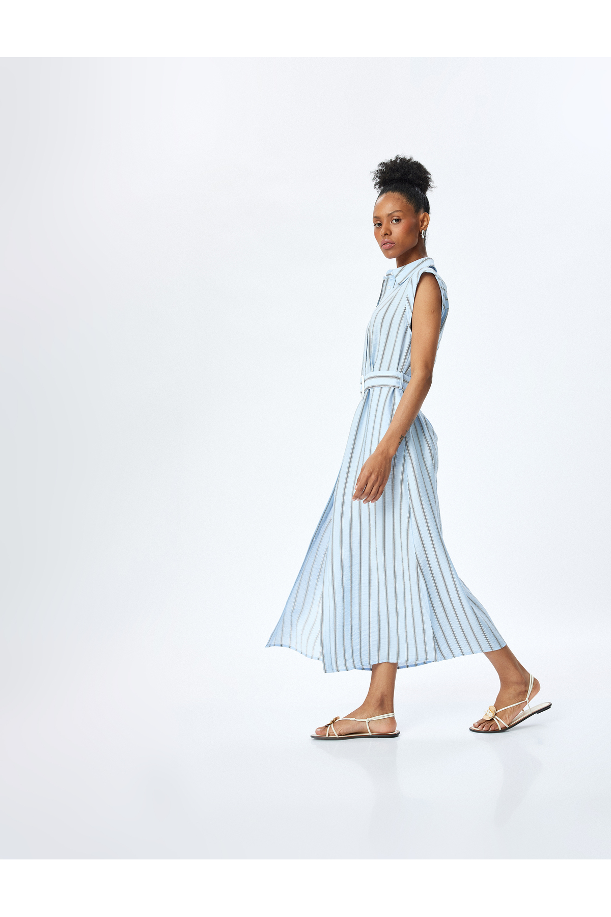 Koton Viscose fabric pocket belted sleeveless maxi striped shirt dress.