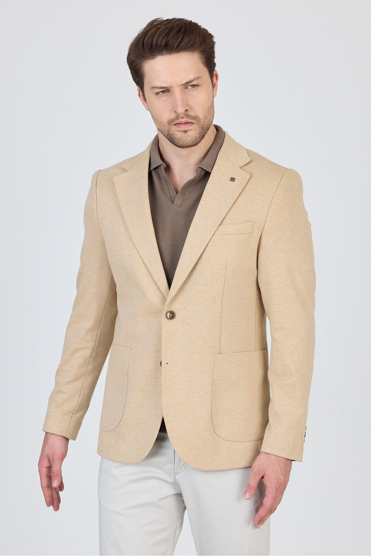 Frappoli Feniks Erkek Vizon Yarım Astar Torba Cepli Pamuk Karışımlı Likralı SlimFit Spor Blazer Ceket