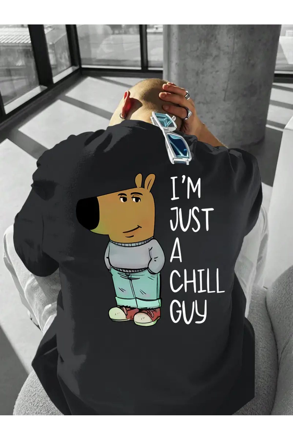 AEMİ Unisex I'M JUST CHILL A GUY Basklılı Oversize Bisiklet Yaka T-shirt