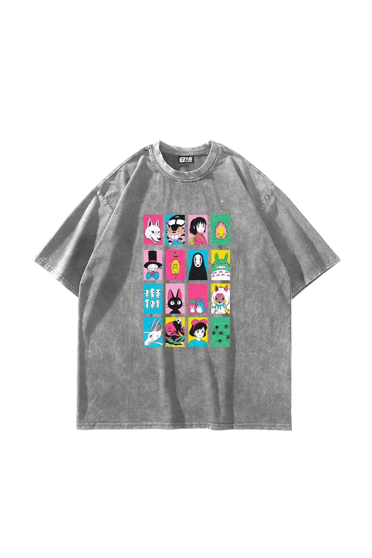 Sekizbiraltı Ghibli Baskılı Oversize Unisex Yıkamalı Beyaz Tshirt