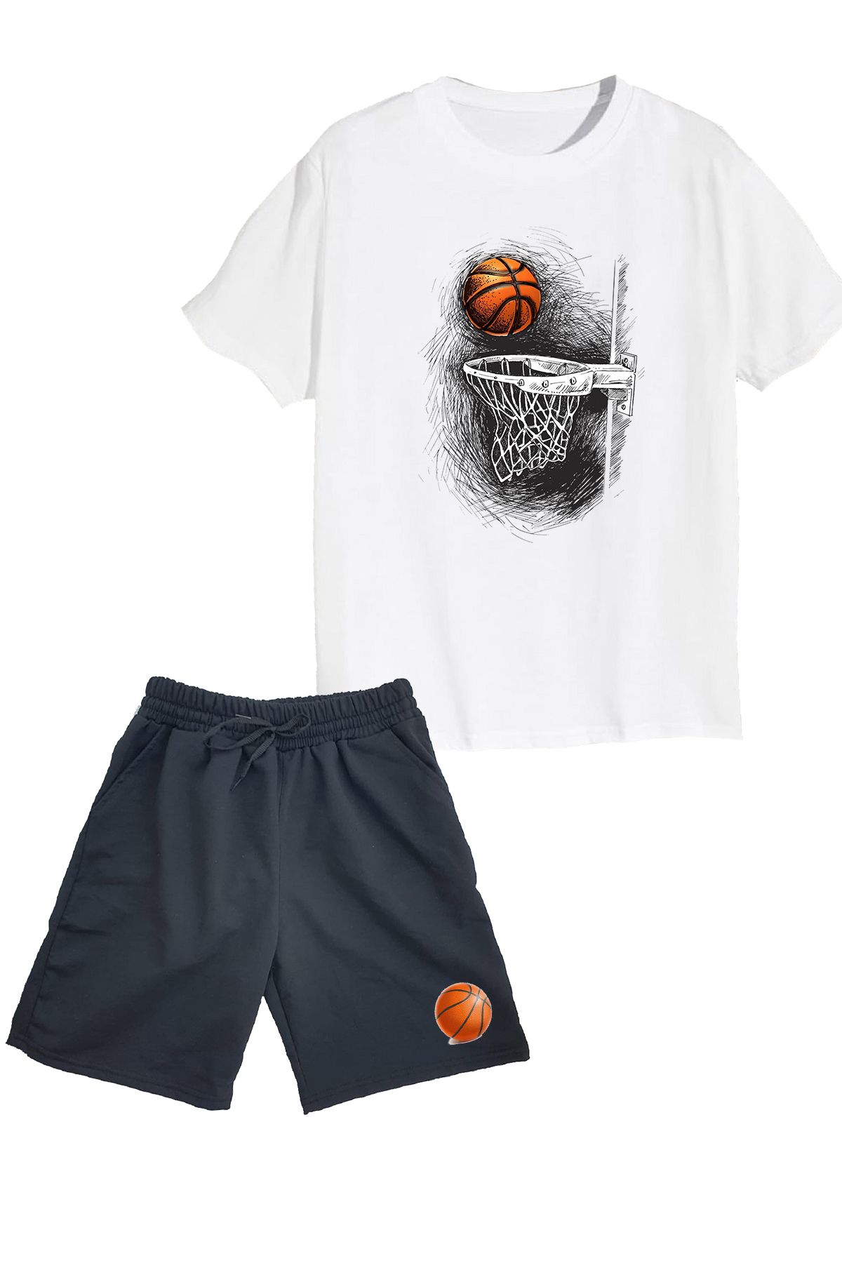 makiteks 2'li Set Baskılı Erkek Çocuk Pamuk Şort Tshirt Takım Basketbol 5 6 7 8 9 10 11 12 13 14 yaş Tişört