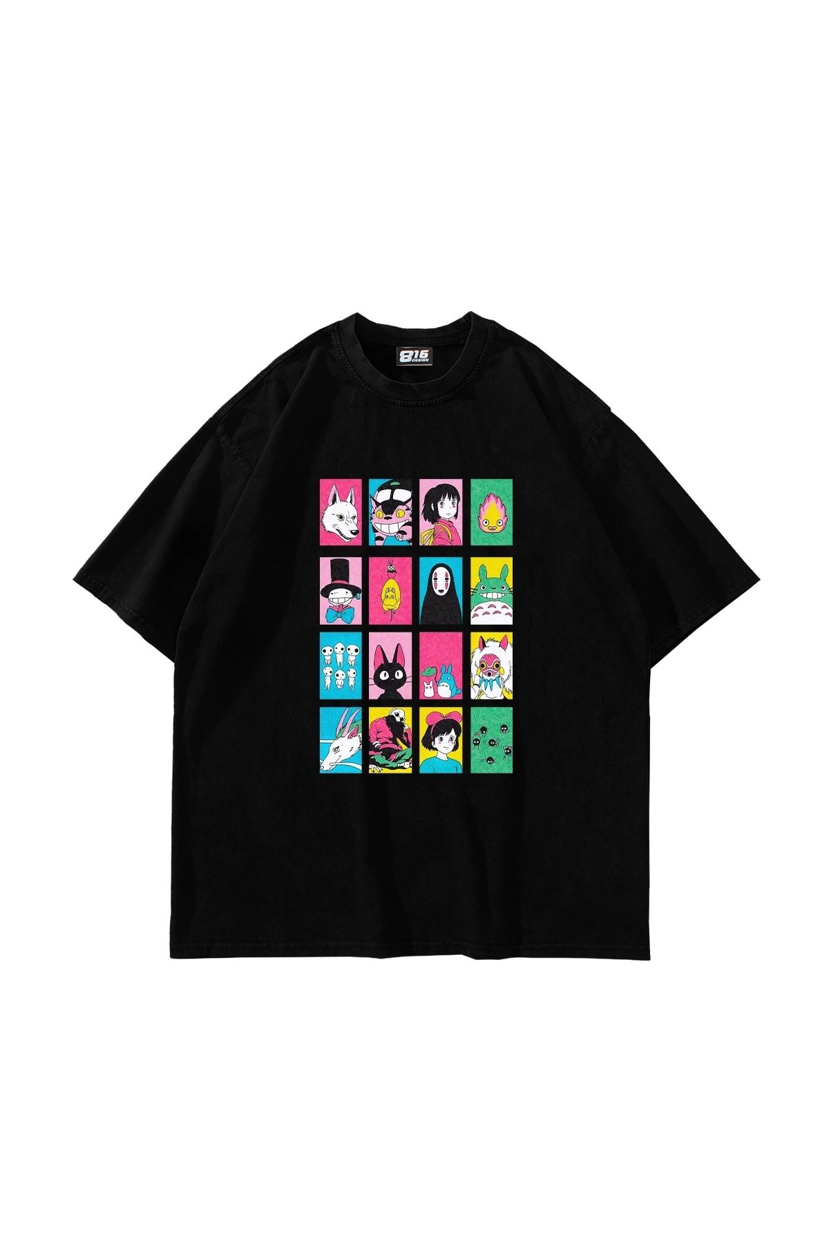 Sekizbiraltı Ghibli Baskılı Oversize Unisex Siyah Tshirt