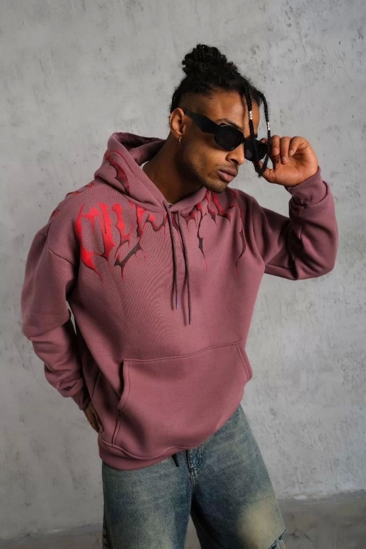 Robahood Erkek Ön ve Arka Baskılı Kapüşonlu 3 İplik Sweatshirt - Gül Kurusu