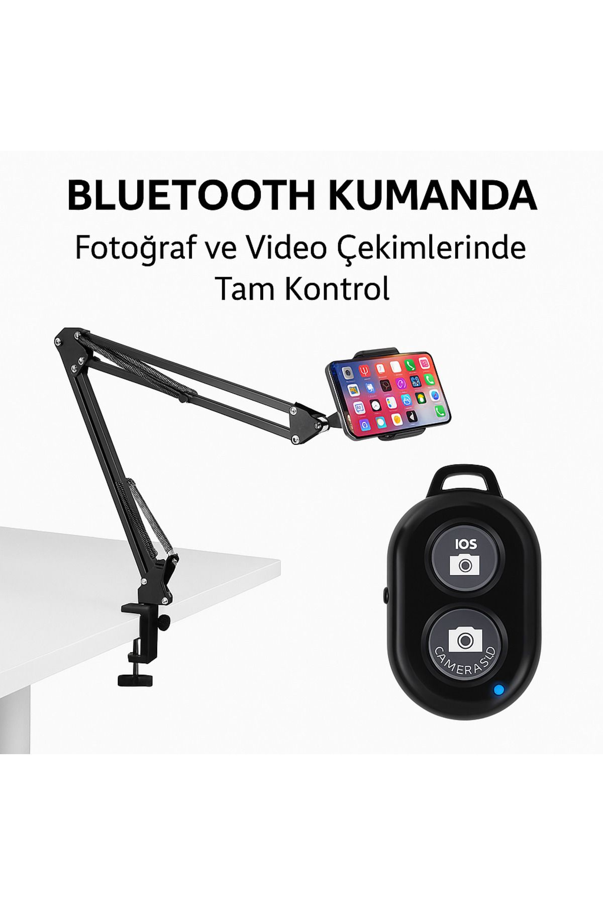 Üstten Çekim Telefon Standı + Bluetooth Kumanda Tripodlu Yayıncı Aksesuarı 360° Ayarlı
