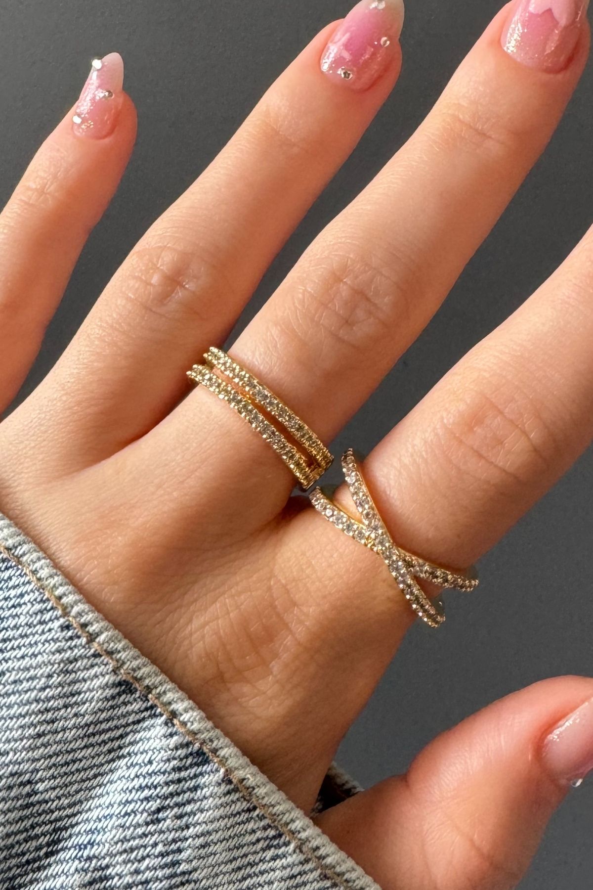H&E DESIGN Kadın Gold 2'li Zirkon Taşlı Çift Sıra Premium Ayarlanabilir Yüzük Seti