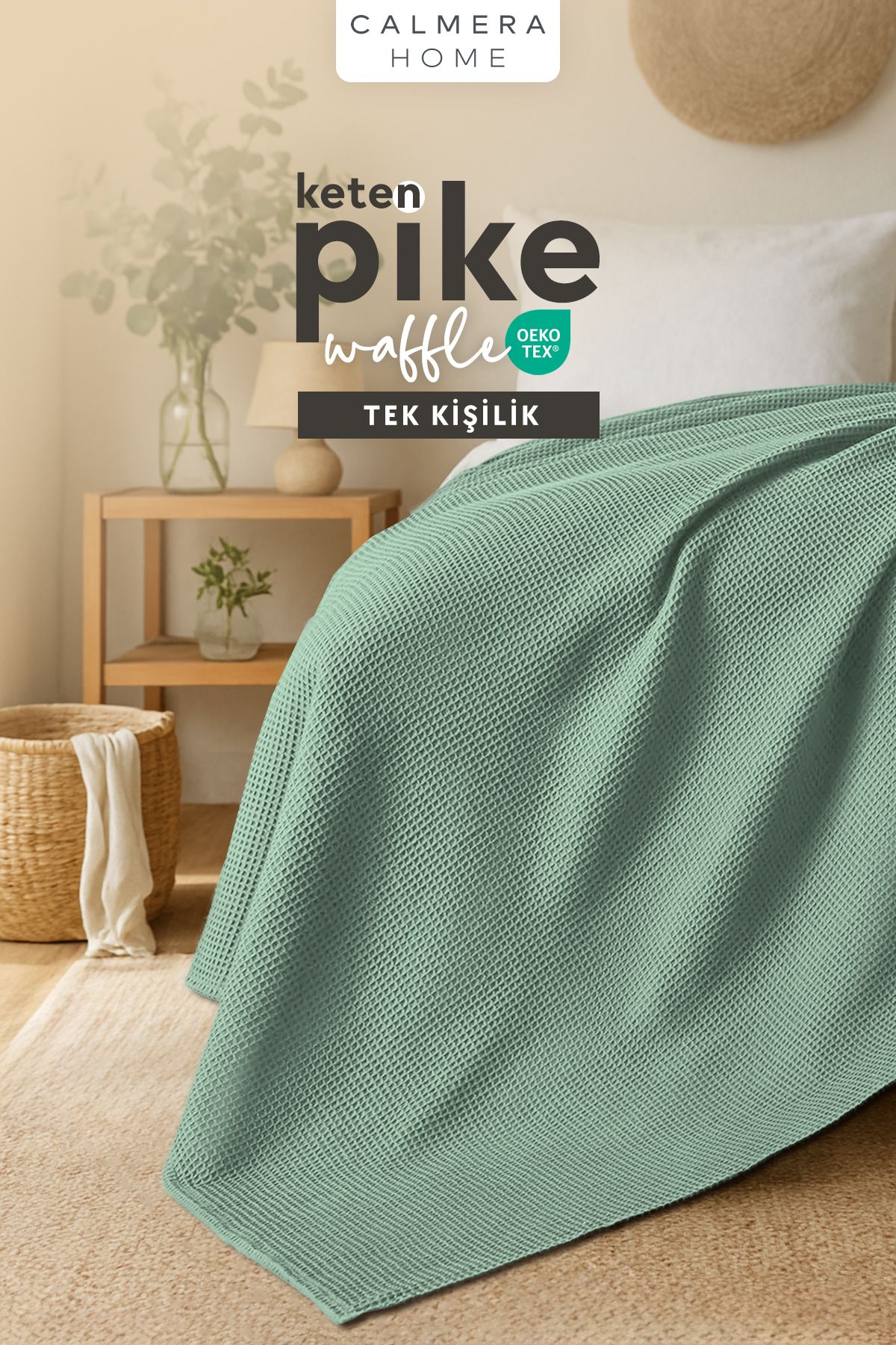 Calmera Keten Tek Kişilik Waffle Pike | Yatak & Koltuk Örtüsü - Şal | Premium Pamuk - Yazlık | Yeşil