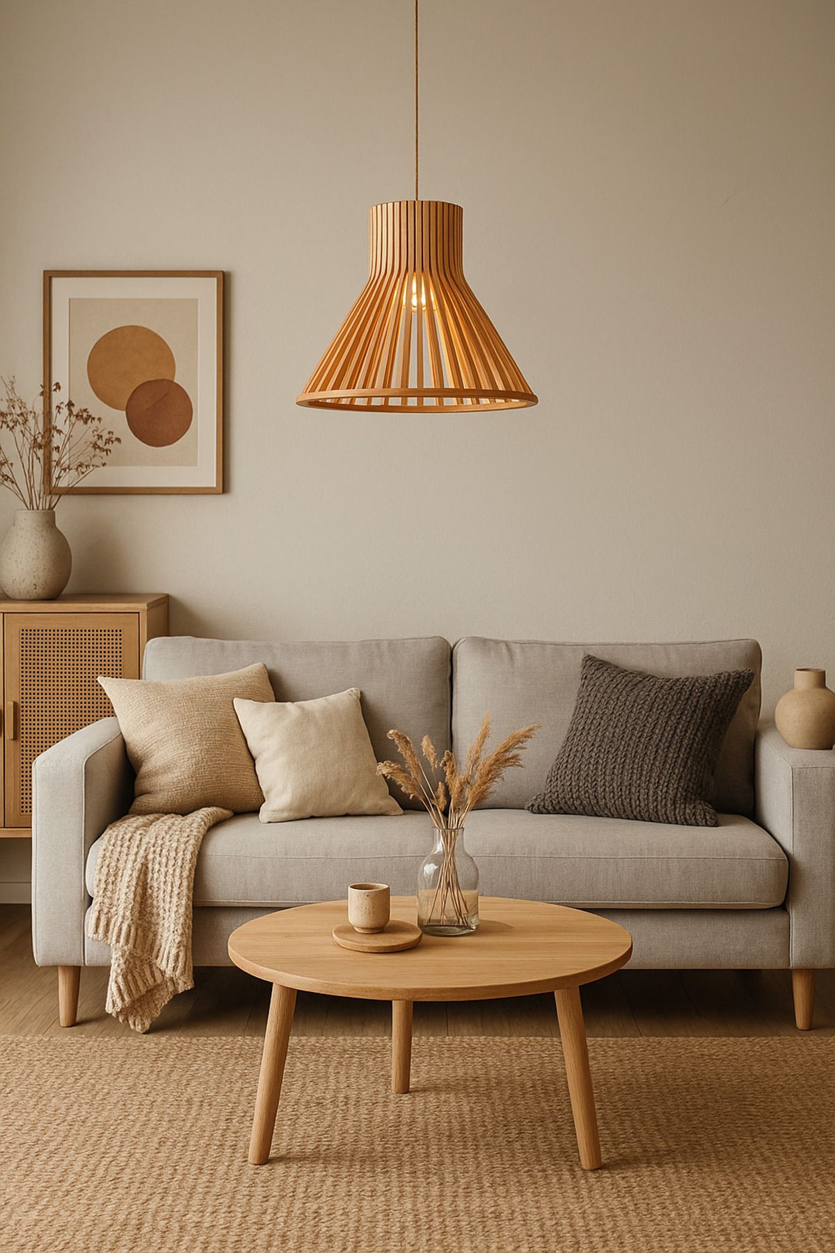 Onouqo Portofino Yuvarlak Modern Klasik Rustik Retro Vintage Naturel Dekoratif Ahşap Çıtalı Sarkıt Avize