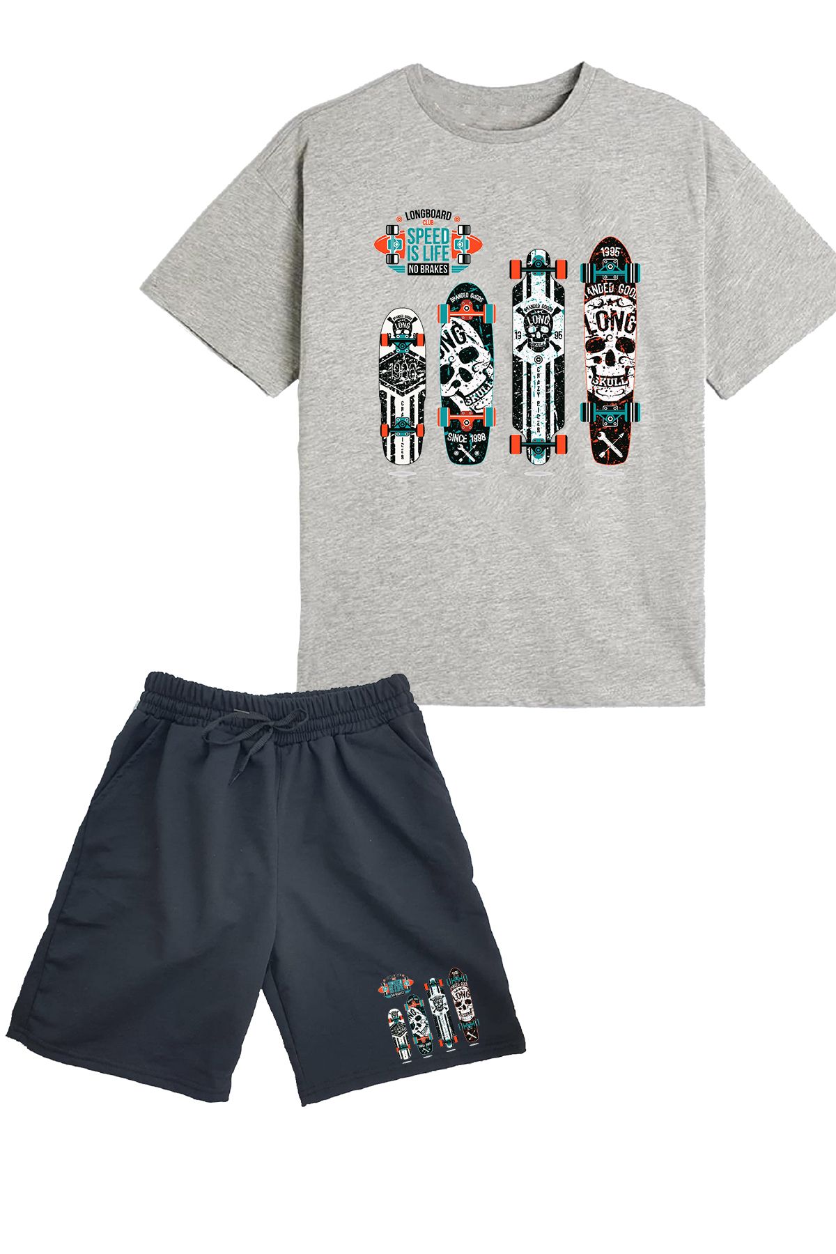 makiteks 2'li Set Baskılı Erkek Çocuk Pamuk Şort Tshirt Takım Skate 5 6 7 8 9 10 11 12 13 14 yaş Tişört