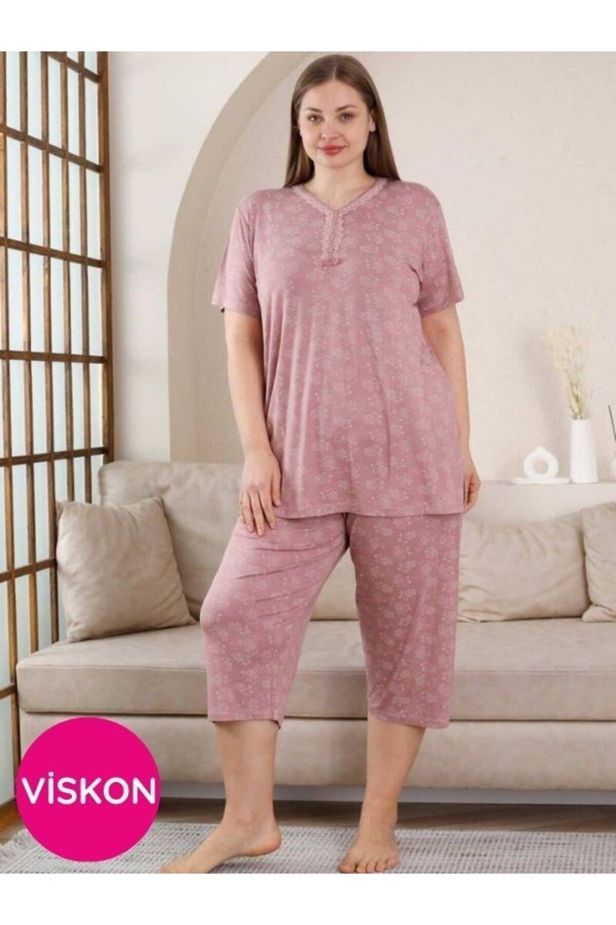 bie's Kadın Gül Kurusu V Yaka Dantel Detay Viskon 3 Düğmeli Kısa Kol Yazlık Büyük Beden Kapri Pijama