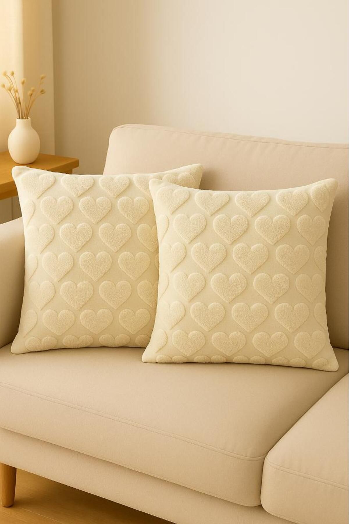 Miabella Home 2'li Peluş Kalp Desenli Kırlent Kılıfı 45x45 cm | Fermuarlı Dekoratif Yastık Kılıfı