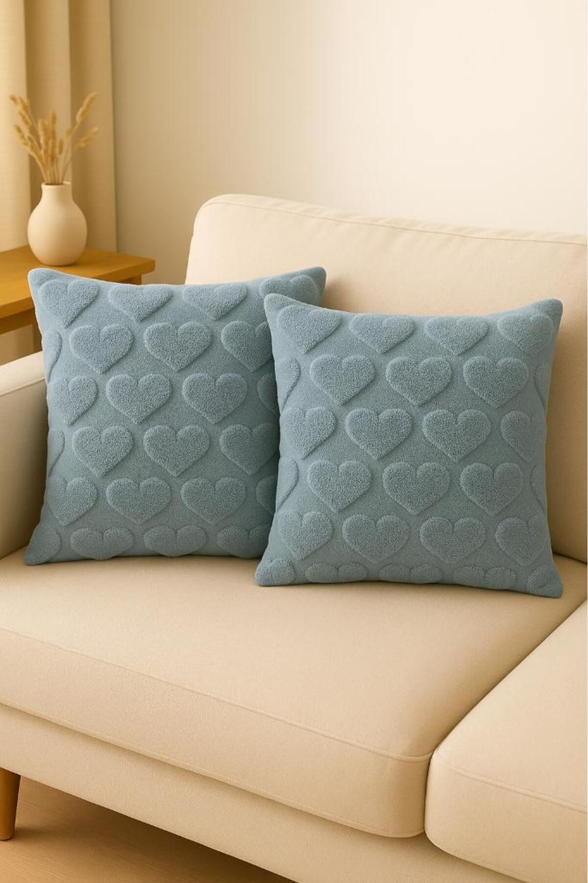 Miabella Home 2'li Peluş Kalp Desenli Kırlent Kılıfı 45x45 cm | Fermuarlı Dekoratif Yastık Kılıfı