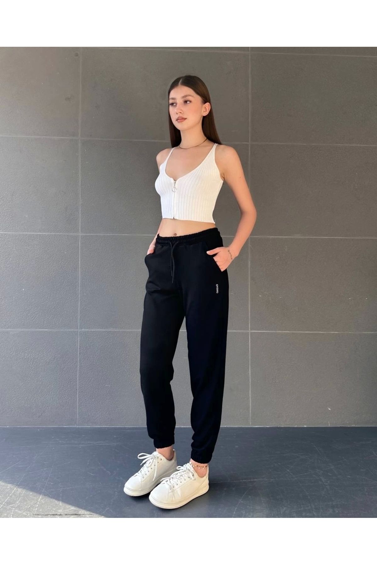 OurStyles paça lastikli rahat kumaş eşofman siyah
