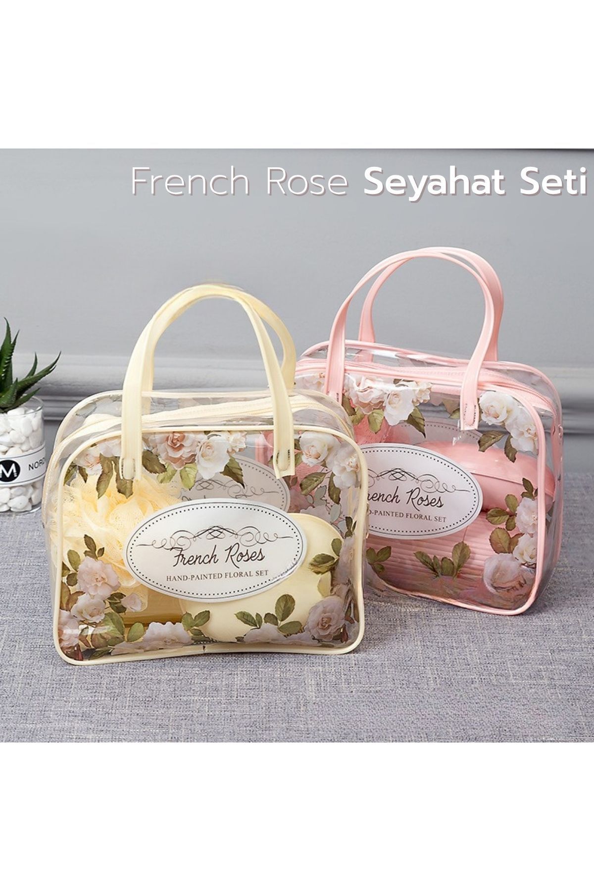 ARVALE French Roses Banyo ve Makyaj Seti | Seyahat İçin Duş Lifi, Sabunluk, Tarak, Kapaklı Makyaj Kutusu