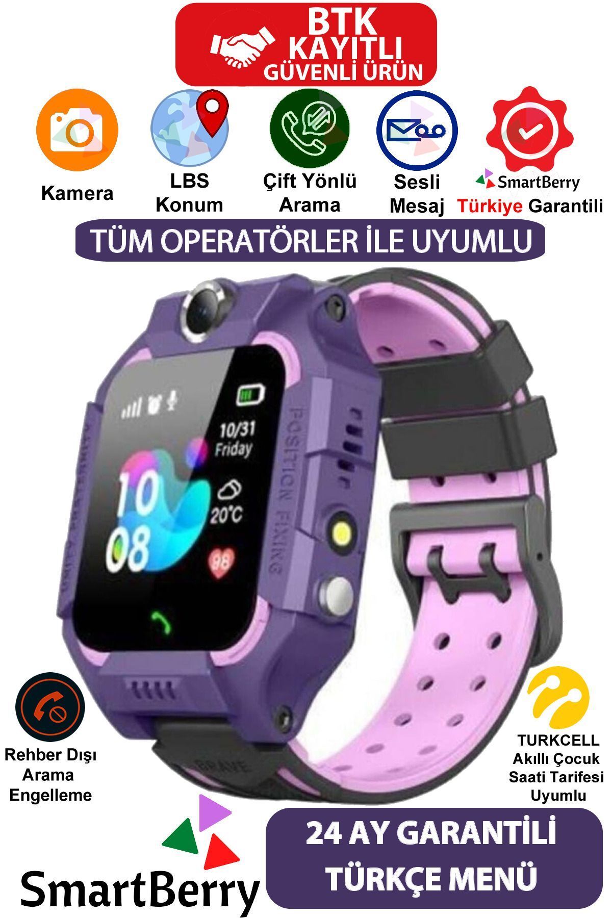 Z2 Lbs Konumlu Akıllı Çocuk Takip Saati Sim Kartlı Arama, Kameralı, Gizli Dinleme Özellikli- Mor