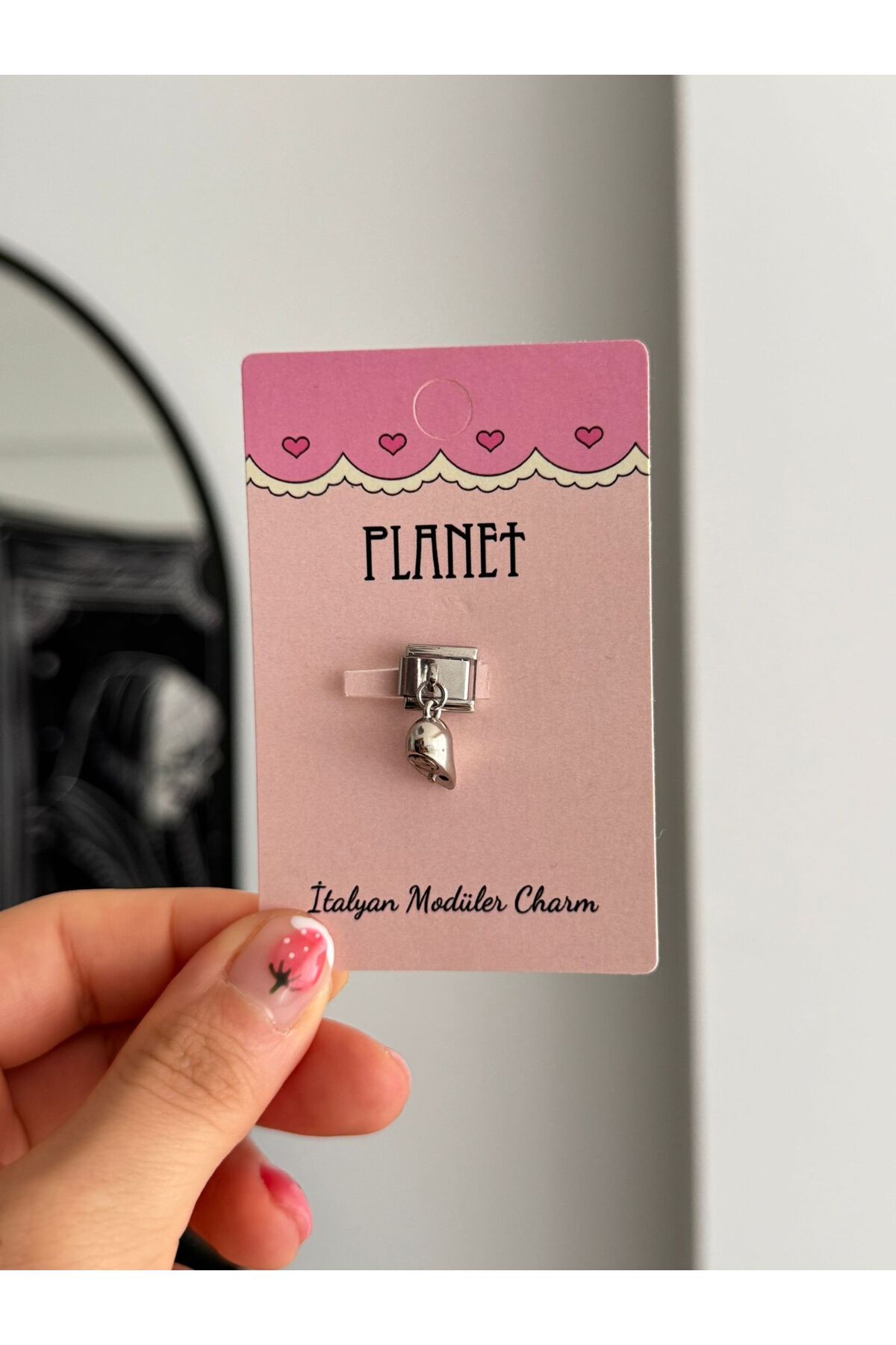 Planet Butik Mıknatıs Kalp Sallantılı Pembe Kartlı İtalyan Charm